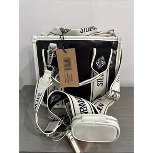 Steve Madden Gloss Black Crossbody Satchel White Logo Strap Faux Leather NWT
